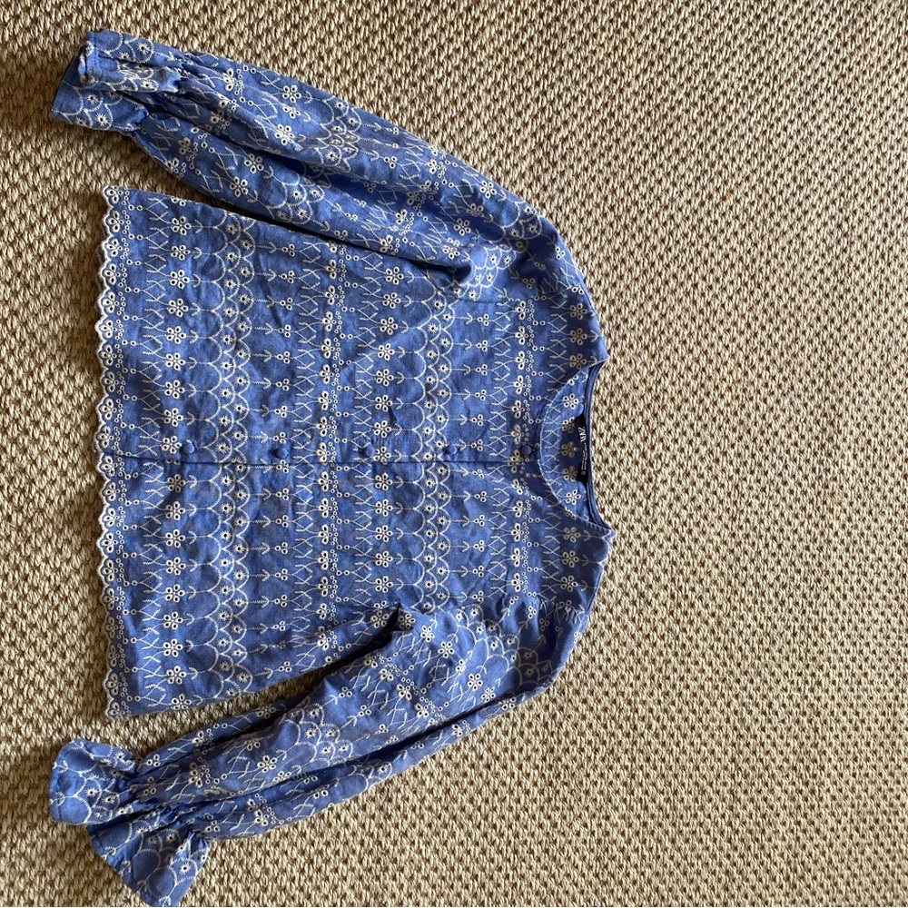 Zara Blue and White Embroidered Button Up